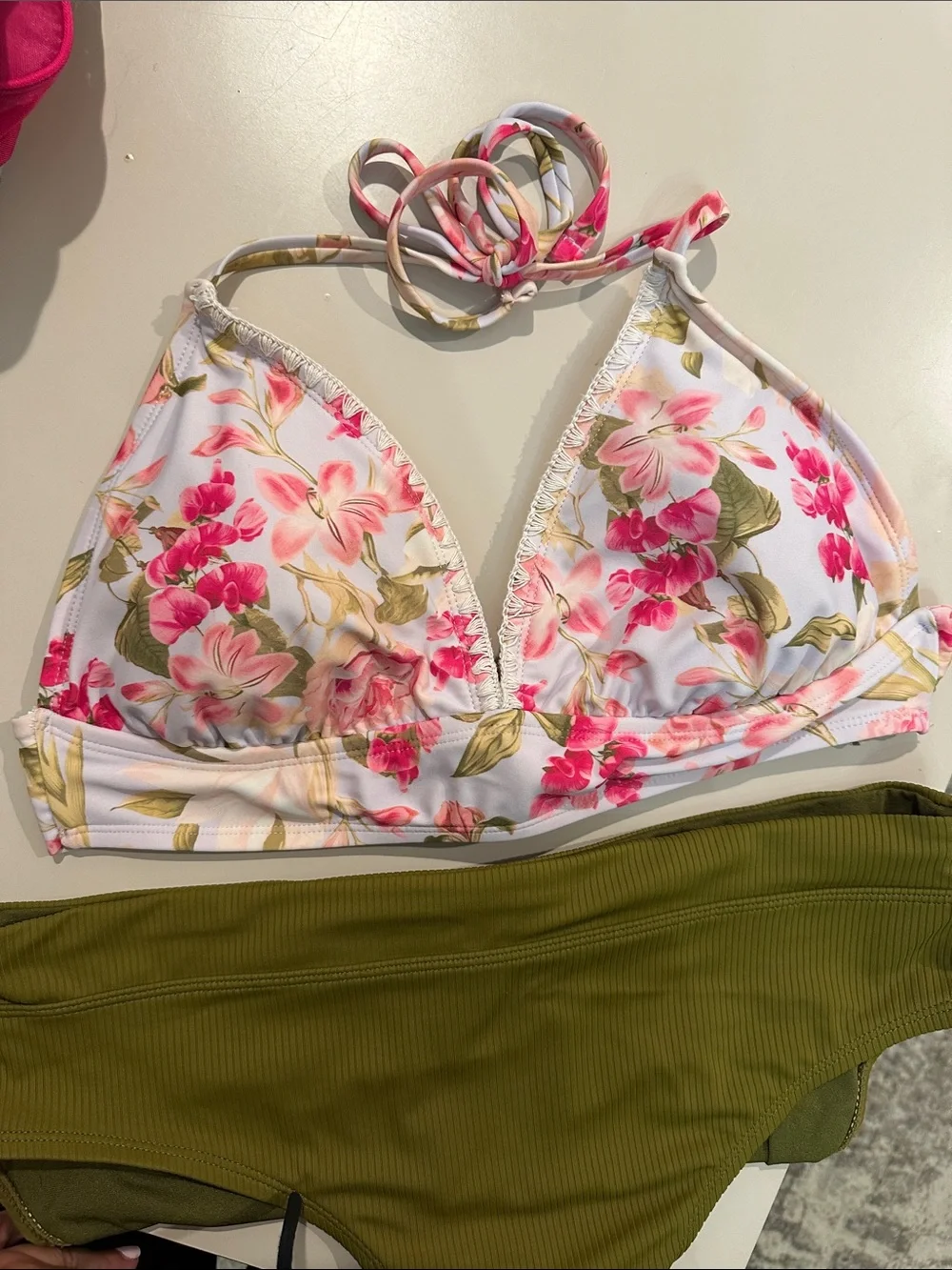 Set of White and Floral Triangle Bikini top and Green High Rise Bottoms